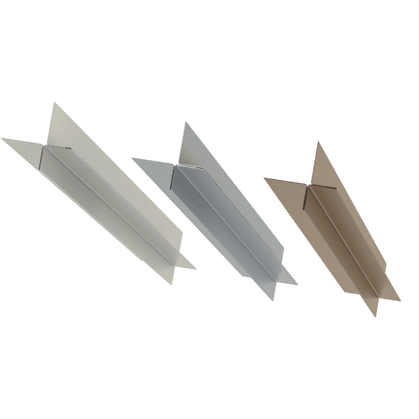 Hjørneprofiler vist, som zink, alu og kobber. Det er et udvendigt hjørneprofil